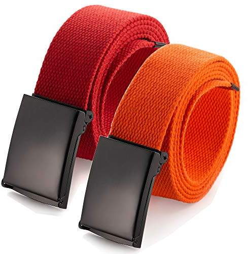Up to 132 cm Waist Adjustable Belt with Robust Black Military Buckle (16 Colours and Combination Options), 2 Pack Orange/Red,
