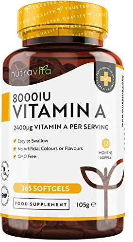 Vitamin A 8,000IU – 365 Softgels – VIT A Supplement for Normal Skin, Eyes & Immune System – No Soybean or Fish Liver Oil – 2400μg Vitamin A Capsules not Tablets – Made in the UK by Nutravita