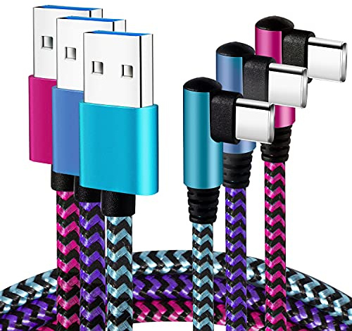 Teeind USB Type C Cable 2.1A Fast Charging: [90 Degree/6ft/3Pack] Nylon USB C Cord Right Angle Compatible with Samsung Galaxy S23/S22/9/Note 10, USB C Charger-Blue/Magenta/Purple