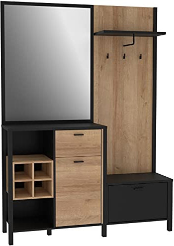 FORTE HIGH Rock Garderobenset, Garderobenset mit 2 Türen und 1 Schublade, Skandinavischer Stil, Holzwerkstoff, Schwarz/Artisan Eiche Holzdekor, 144,5 cm breit x 200 cm hoch x 40,2 cm tief