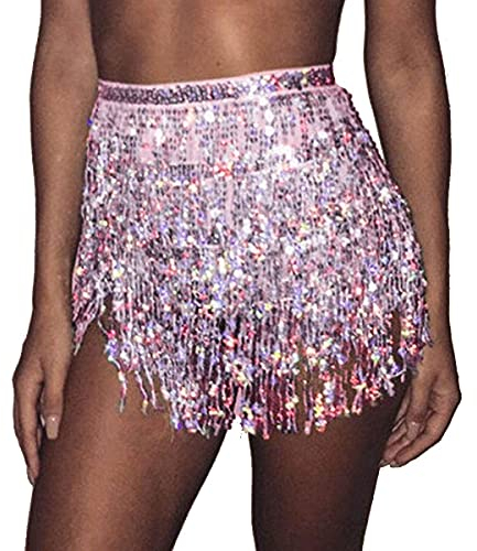 Carufin Damen Bauchtanz Rock Hüftgurt Pailletten Quaste Rock Hüftwickelschal Rave Musik Festival Kostüm (rosa)