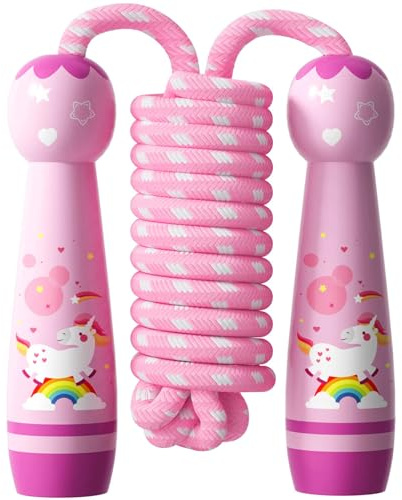 Jump Rope for Kids-Adjustable Cotton Braided Skipping Rope with Wooden Handle for Toddler Fitness Workout Exercise Outdoor Activity