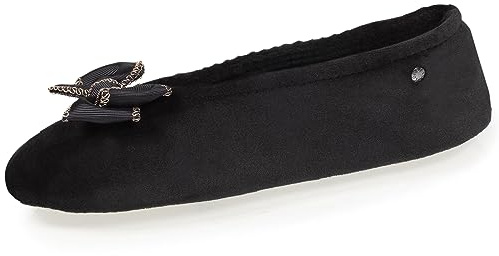 Isotoner Pantofole da donna Ballerine ultra comode, in cotone biologico, dettaglio grande fiocco, EU, Nero , 35/36 EU