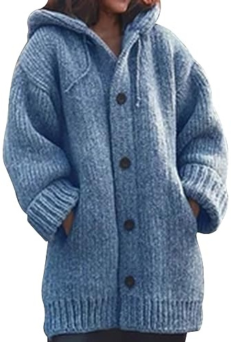 L9WEI Veste d'hiver épaisse en tricot pour femme - Veste chaude décontractée avec capuche - Manteau d'hiver de longueur moyenne - Couleur unie - Manteau de mi-saison