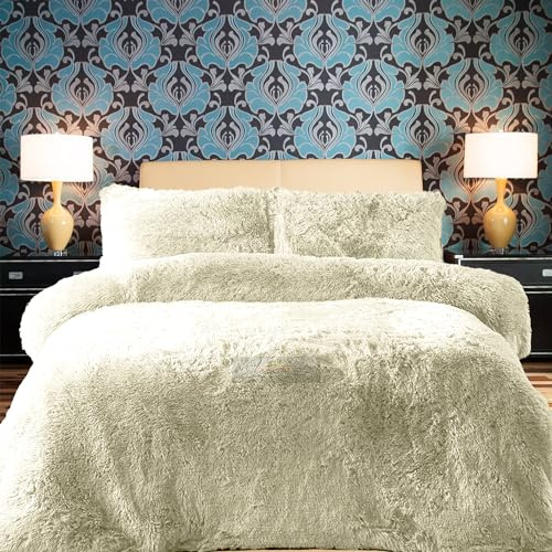PARADISE STAR Set copripiumino in pile con federa coordinata, soffice, termico e accogliente, per letto king size, 230 x 220 cm, colore: panna