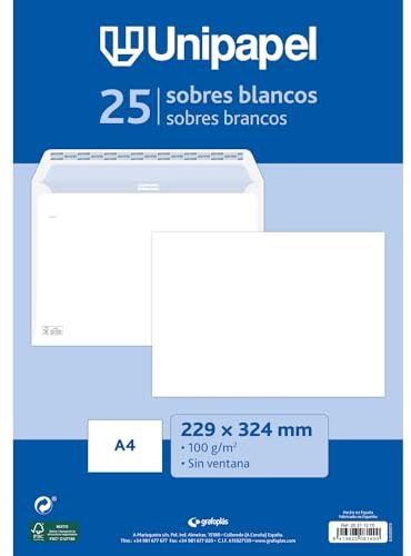 Unipapel | Förpackning 25 stora kuvert | 90 g vitt papper | Perfekt för a4-dokument | Mått: 229 x 324 mm | Autodesk självhäftande silikonremsförslutning | Enkel öppning | FSC-certifierad