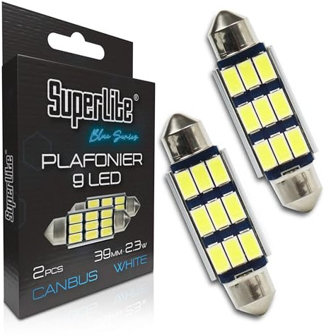 Superlite Set di 2 lampadine da soffitto a 9 Leds, 42 mm 2,3W della gamma Blue Series. Tecnologia CanBus a luce bianca. Ideale per auto e camion.