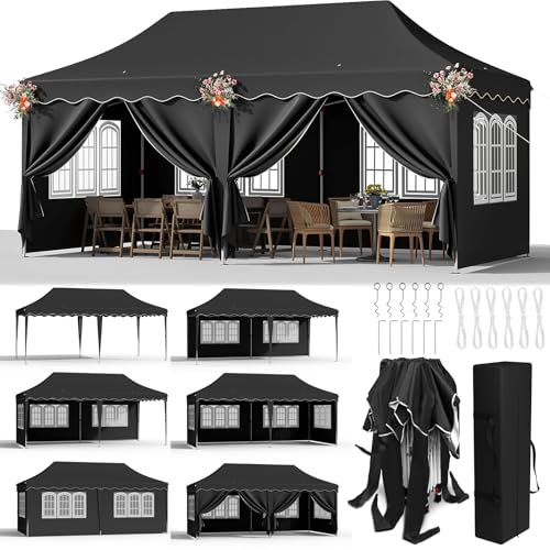 3x6 Tonnelle de Jardin Exterieur, Tonnelle Pliante 3 x 6 Imperméable avec 6 Parois Latérales,Tente Hauteur Réglable,UV 50+,avec 12 Clous de Sol 6PCS Sacs de Sable, pour Fête/Festival/Camping, Noir