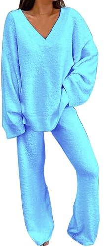 Ensembles De Pyjama Femme Hiver Pyjama à Manches Longue 2 Pièces Pantalon à Taille Élastique Haut Tricot Vêtement de Nuit Doux Vêtement d'Intérieur Sleepwear Grande Taille Chic et (Blue, XXXL)
