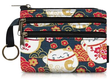 FuninCrea Petit Porte Monnaie Femme, Petit Portefeuille Femme Portable avec 3 Poche à Fermeture Éclair et Porte-Clés, Mini Porte Monnaie avec Motif Cartoon Mignon pour Cartes et Clés (Style 1)