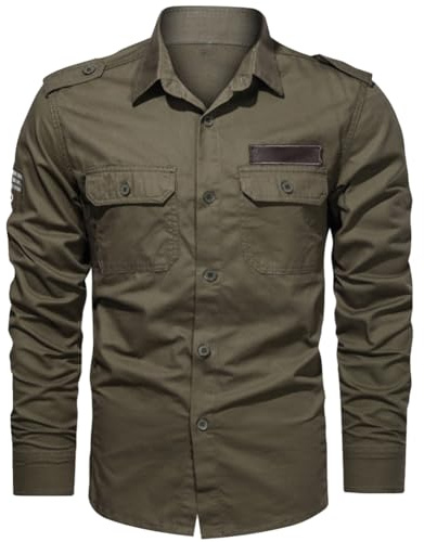Hombre Camisas de Trabajo, Ropa de Militar de Manga Larga con Botones,Cargo Shirts, 2 Bolsillos, Regular Fit para Pesca, Tala, Senderismo, Caza，ArmyVerde1907，L