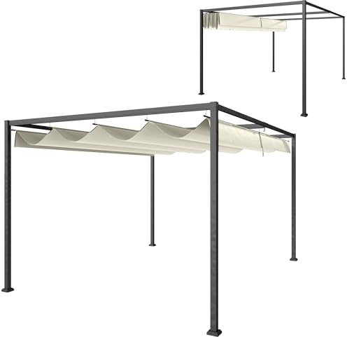 Outsunny Gazebo Pergola 4x3 m con Tettuccio Retrattile, Fori di Drenaggio, Picchetti e Viti, Pergolato da Giardino in Poliestere e Metallo, per Patio, Terrazzo, Esterno, Crema