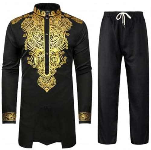 Disfraz africano para hombre, conjunto de 2 piezas, camisa y pantalón de manga larga, traje tradicional con estampado dorado, pantalones rectos para el tiempo libre, ropa árabe Dubai
