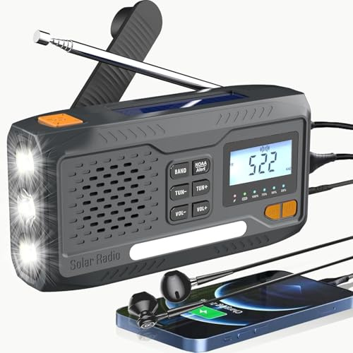 Radio Solar de Emergencia con Manivela,Radio Portátil Am/FM,Batería 7400 mAh,Linterna LED,Alarma SOS y Cargador USB,Ideal para Hogar y Exterior