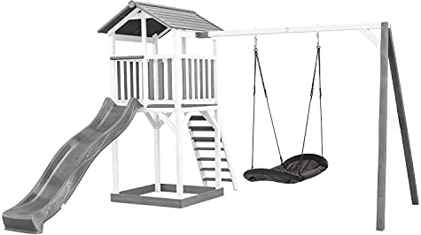 AXI Beach Tower Payhouse for Kids Outdoor in Grey and White | Play tower with sandpit, nesting swing and grey slide | Playhouse, Playhouse for Kids Outdoor for the garden