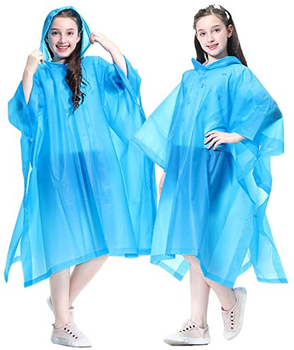 YUNLOVXEE Rain Poncho Raincoats for Kids Reusable - 2 Pack EVA Waterproof Rain Coat with Hood Rain Jacket for Boys Girls (US, Alpha, One Size, Regular, Blue x2)