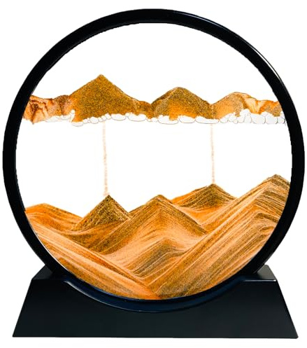 SANDCLE Peinture de Sable Mobile - Cadre Sablier, Images de l'Art en Mouvement, Dynamique dans un Verre Rond, 3D Paysage pour le Bureau Maison Décoration (Jaune, 7 Pouces)