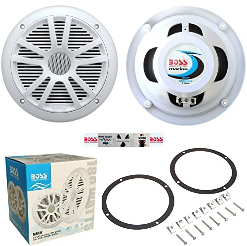 KIT SET PER BOSS AUDIO SYSTEMS MR6W 2 altoparlanti marini nautici 6,5 19,00 cm 90 watt rms 180 watt max impermeabili bianchi (set 2) alta qualità premium per imbarcazioni + adesivi e accessori