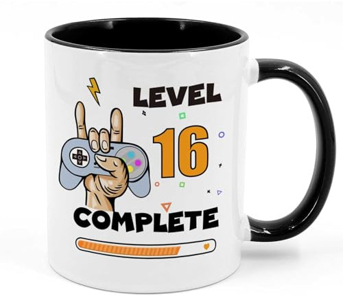 Tarklanda Taza de 16 cumpleaños, Regalo para Adolescente de 16 años, Taza de café para Juegos, Taza de Jugador, Regalo de cumpleaños, Idea de Regalo para cumpleaños de niño y niña (Negro)