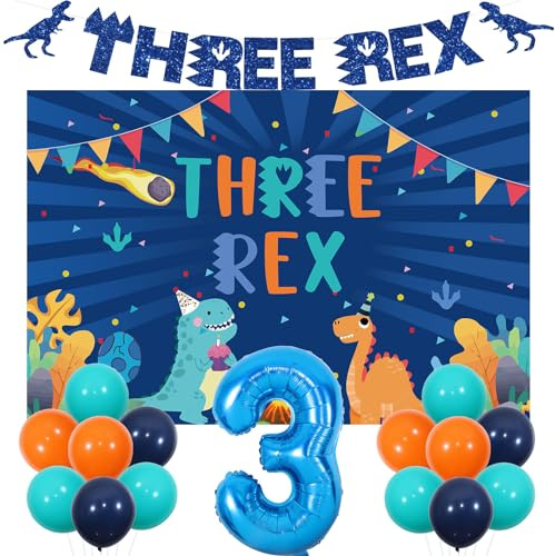 Sursurprise Dinosaur 3rd Birthday Party Decorations Blue, Dinosaur Three Rex Banner Backdrop, Number 3 Balloon, Jungle Birthday Party Supplies for Boys