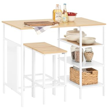SoBuy Set 3 Pezzi Tavolo con 2 sgabelli Mobile Bar per casa Bianco e Naturale L108*P58*A89 cm OGT51-WN
