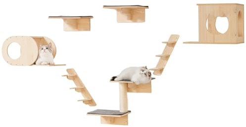 VEVOR Kletterwand, Katzenwandregale und Sitzstangen mit Sprungbrettern, Katzenbetten, Hängematten und Katzenbaum, Katzenmöbel und Regale bis zu 18 kg zum Schlafen, Spielen, Klettern, 7er-Set