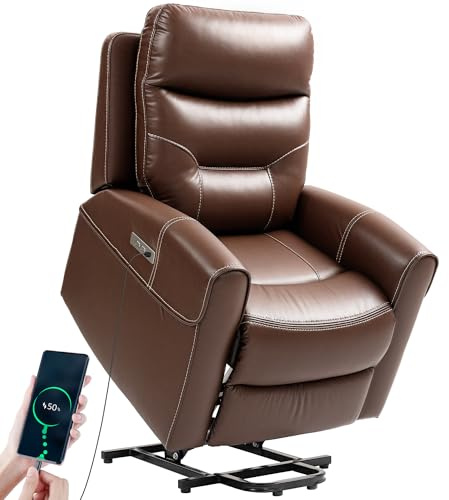 HOMCOM Power Lift Recliner Chair for Elderly Overstuffed Brown | Faux Leather Riser and Reclining Chair, USB A+C Ports, Living Room