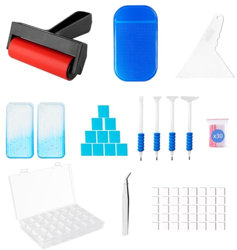 SuSentak 46 PCS Diamond Art Tools Kit, Complete Accessories Set with Multi-Tool Tweezers, Wax Pen, Storage Containers, Trays, Roller, Anti-Slip Mat for Adults Kids Beginners Art Crafts(Blue)