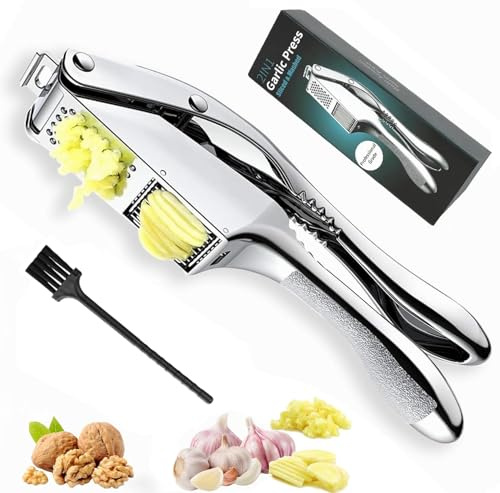 Prensa y rebanadora de ajo 2 en 1, con cepillo, aplasta, corta y pica ajo sin esfuerzo, con esta versátil herramienta de cocina, perfecta para cocineros caseros (plateado)