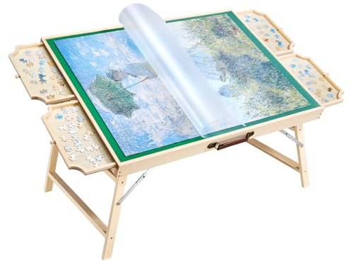 VEVOR Table de Puzzle 1500 Pièces, Planche de Puzzle 86,5 x 63,5 cm, avec Pieds Pliables, 4 Tiroirs et Couverture, Plateau Casse-Tête Portable, Inclinaison Réglable sur 6 Angles, pour Amateurs