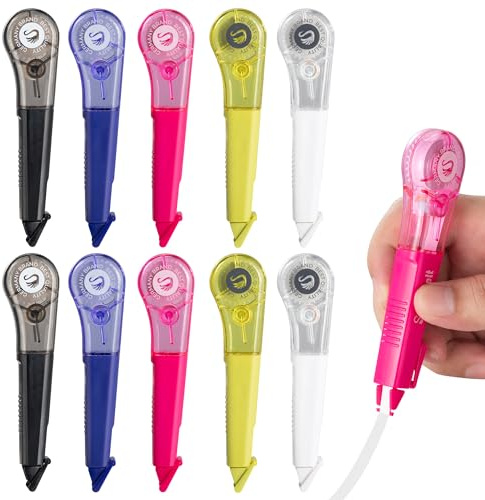 WISOPTUS Correction Tape Pen, 10-Count Pack, 19.69ft Each, Dry Instantly, Stretch Resistant, not Easy to Break, as Smooth as Writing, Perfect for School, Office Supplies, Black White Red Yellow Blue