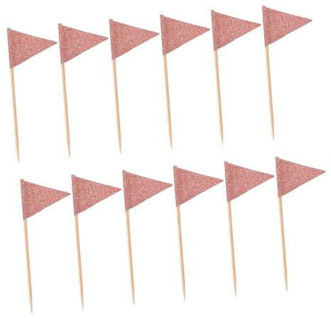 INOOMP 12pcs Rose Gold Glitter Triangle Cake Flags Cupcake Decoration Flag Toppers for Party Desserts Cheese Platters Fruit Picks Lightweight Festive for Birthdays Weddings and