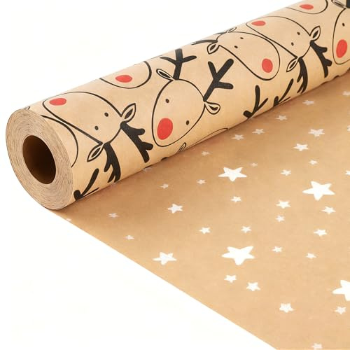 Christmas Wrapping Paper Roll, Recycle Xmas Gift Wrap Paper, Kraft Santa Present Accessories Printed Snowflakes Santa Elk Tree for Party Holiday New Year,Gift Ornament for His/Her