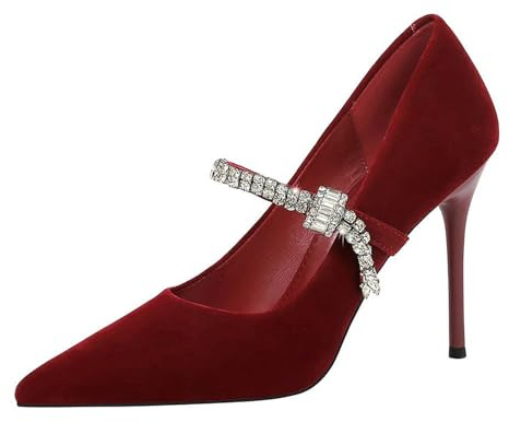 Tacones Mujer Zapatos Tacon Vestir Pitillos Rojo 10CM Sexy Stilettos con Punta Aguda para Salon de Fiesta Brillante Diamantes-Numeric_34