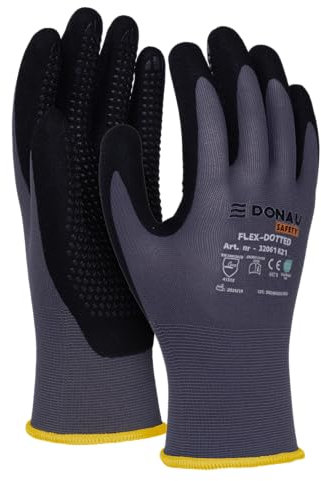 DONAU SAFETY Flex-Dotted Handschuhe Arbeitshandschuhe mit Anti-Rutsch Griff Noppen/Größe 08/M, 1 Paar/Grau-Schwarz/Mechaniker Montagehandschuhe/Nitril beschichtet Leicht Ölbestandig, Nylon