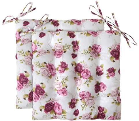wometo 2er Set Sitzkissen Stuhlkissen 40x40 Oeko-TEX - Landhaus Rosen-Motiv rosa pink weiß mit Bändern/Schleifen für Indoor und Outdoor