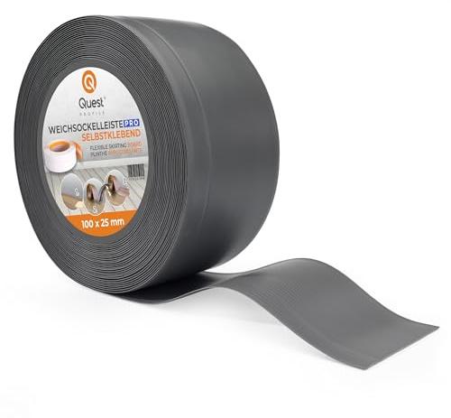 Quest Mjuk Golvlist, Mjuk Sockellist utan tejp – 100 mm x 25 mm – avslutningslist, bred böjbar list – för väggar, golv – PVC, flexibel, vattentät, dekorativ. (Mörkgrå, 25m)