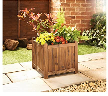 spot on dealz® Wooden Square Free Standing Planter Outdoor Display Flower Ornament Lawn Porch Decor Wooden Design Decorative Garden Feature