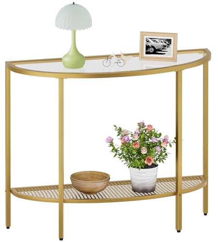 SAYGOER Glass Half Moon Console Table 2 Tier Narrow Entryway Table with Gold Metal Frames, Modern Couch Table Small Entry Way Tables, Easy Assembly, Clear Glass Gold Frames