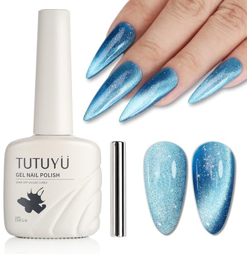 TUTUYU Blå katt ögongel nagellack, Quicksand Galaxy Holografisk blågrön kattungar gel polish med magnet, silverskimmer sammet blötläggning off UV LED hem gör-det-själv manikyr