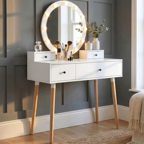 Blisswood Dressing Table with Led Light & Round Mirror, White Vanity Table with 2 Drawer & 2 Cupboard, 3 Colour Adjustable Brightness Mirror, Modern Make Up Desk For Bedroom & Perfect Girls Gift