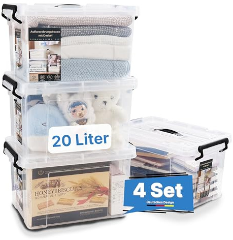 2mGoods - 4er Set 20L robuste Aufbewahrungsboxen mit Deckel L44xB30xH25 cm inkl. Tragegriff, Plastikboxen, stapelbar, lebensmittelecht, transparente kleine Kisten für Wohnung, Werkstatt & Keller