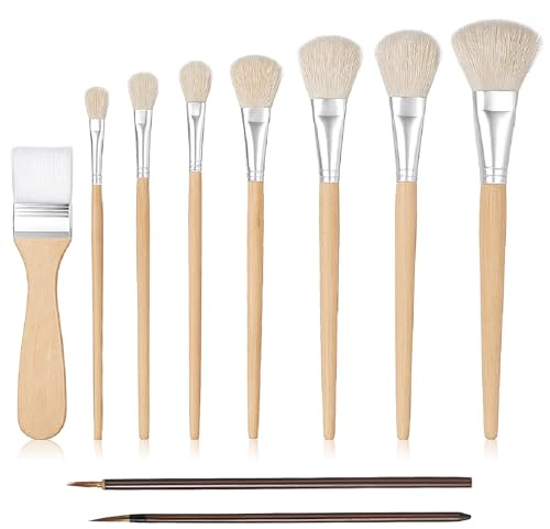 10 Pcs Pottery Glazing Brushes Set, Goat Hair Mop Blending Brushes for Ceramics, Watercolor Paintbrush for Acrylic Painting, Blending Mop Brush for Oil Pottery Art Painting