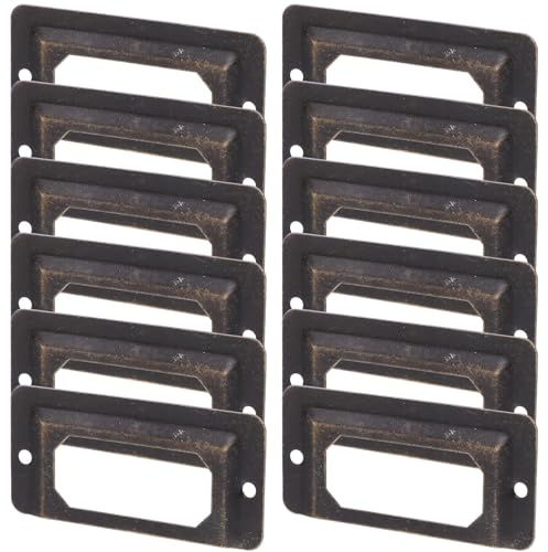 LOPUNER 12 Pcs Vintage Metal Label Holder Frames Drawer Pull Handles, Retro Cabinet Decoration Hardware for Office and Furniture, Antique Brass File Name Card Holders