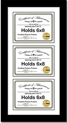 Creative Picture Frames 10X20Bk-W Black Vertical 6X8 Triple Diploma Frame With 3 Opening White Matting | Holds 3 6X8 Inch Documents With Installed Wall Hanger