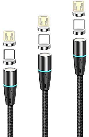N. NETDOT Chargeur Magnetique,(1m/1.5m/2m,3 Pack Noir) 12th Génération Cable Magnetique Chargement Rapide de Données pour Micro-USB/USB-C Smartphones et Venez avec 2 Connecteurs Chaque Câble