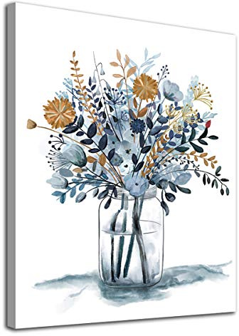Navy Blue Flowers Canvas Wall Art Bedroom Wall Decor Minimalistic Bouquet Canvas Pictures Blossom Watercolor Artwork for Living Room Bathroom Home Office Decoration Indigo Floral Canvas Prints 12 x 16