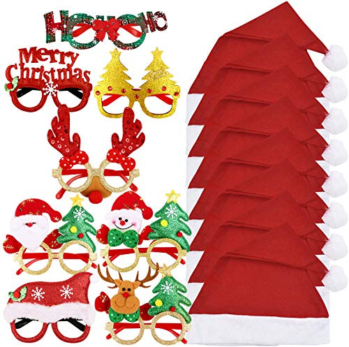BHGT 8 Gafas Divertidas Navidad + 8 Gorros Navideño Papá Noel Sombreros Navideños Fotocol Navidad Disfraz Regalo Accesorios Navideño Decoración Adultos