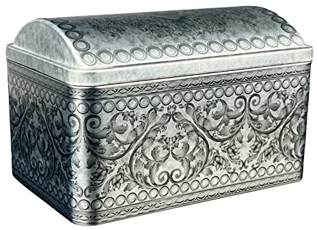MediMuc Schatztruhe - wunderschöne silberfarbene Nostalgiedose mit eingearbeiteten Ornamenten - Keksdose - Maße: (Länge x Breite x Höhe): 16,0 x 10,6 x 10,3cm - Volumen ca. 1,7L