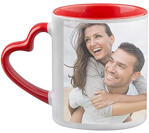 Mug céramique personnalisé photo avec anse cœur et intérieur rouge – Tasse personnalisable avec anse cœur rouge – Idée cadeau femme, homme, noel, fête mères, st valentin